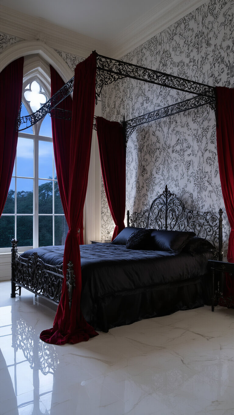 Moonlit Gothic master bedroom with wrought iron canopy bed, crimson velvet drapes, and silver filigree headboard, framed by arched windows and marble flooring.