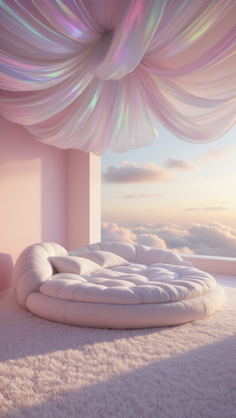 Ethereal pastel bedroom at sunrise with floating circular bed, shimmering canopy, and cloud-like white carpet.