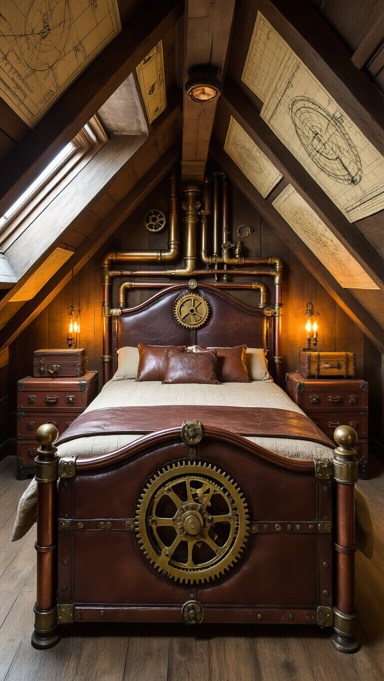 Steampunk attic bedroom with brass and mahogany bed, vintage maps on slanted walls, and candlelit warm shadows.