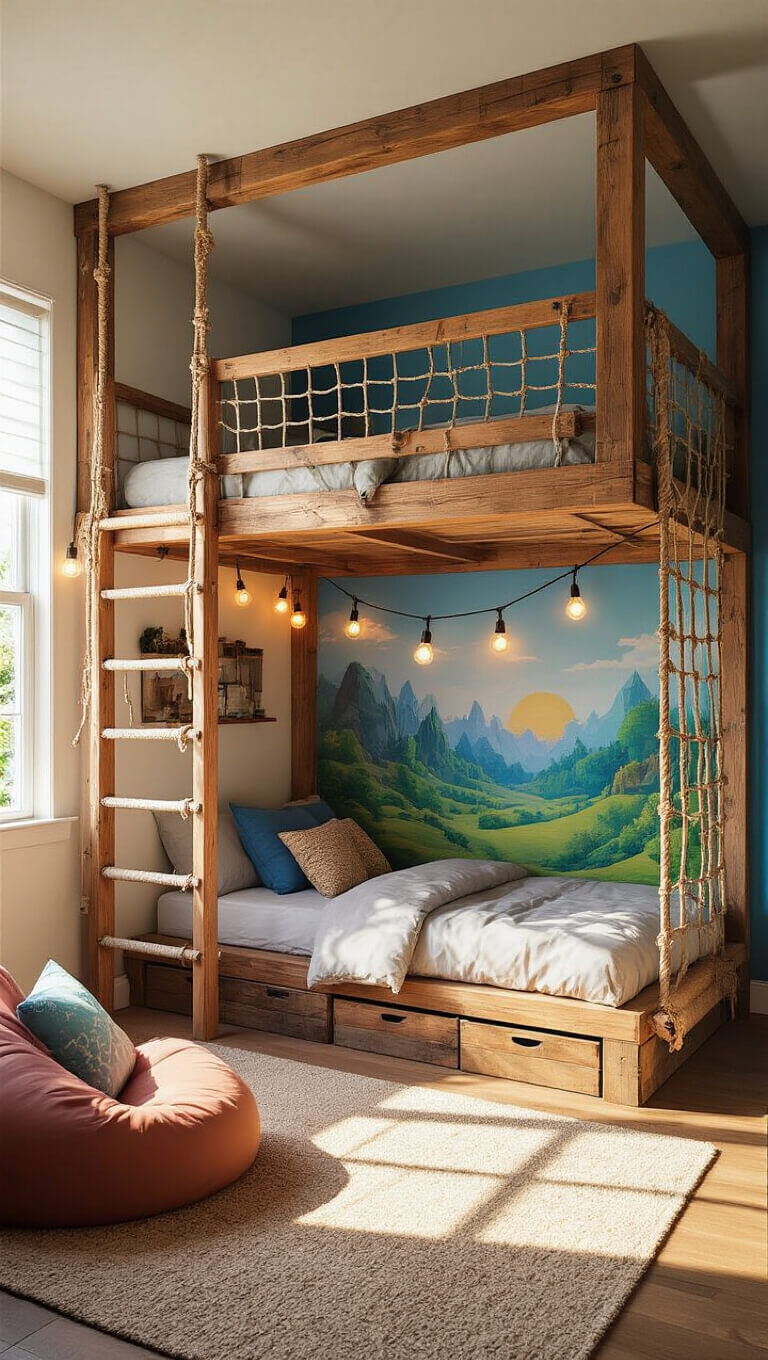 Colorful teen's room with treehouse-style loft bed, rope ladders, and cozy reading nook beneath, bathed in warm afternoon sunlight.