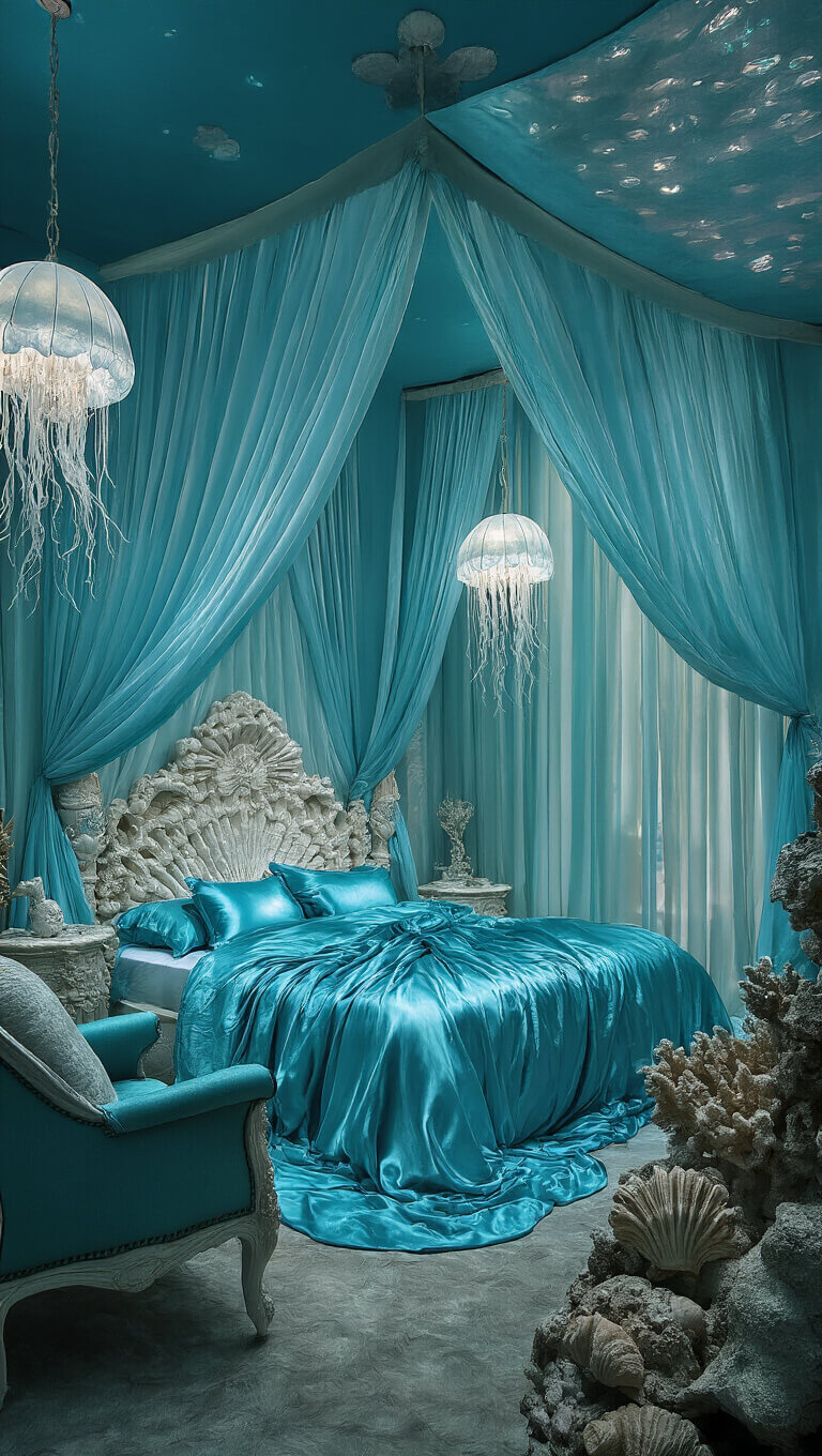Luxurious underwater-themed master suite at midnight with coral-inspired four-poster bed, aqua silk bedding, mother-of-pearl walls, and glowing jellyfish chandeliers.