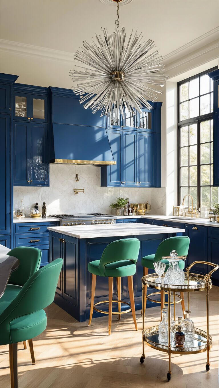 Art Deco kitchen with sapphire blue cabinets, white marble island, emerald green barstools, mirrored backsplash, and sunburst chandelier in warm afternoon light.