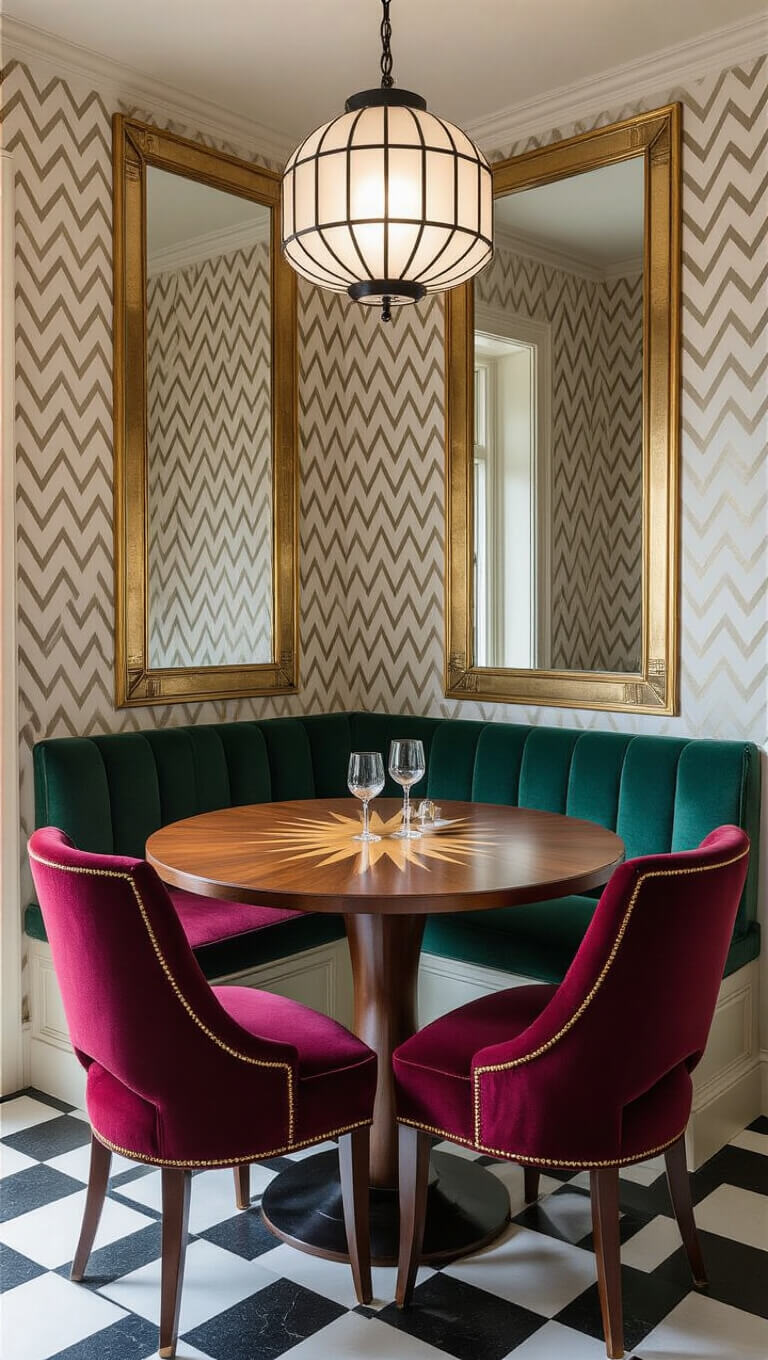Art Deco breakfast nook with walnut sunburst table, burgundy velvet chairs, emerald banquette, gold-framed mirror, and checkered floor under soft morning light.