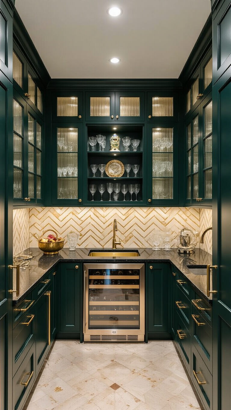 Luxurious Art Deco butler's pantry with forest green cabinets, black galaxy granite countertops, brass fixtures, chevron cream and gold backsplash, crystal glassware on open shelves, and warm focused lighting.