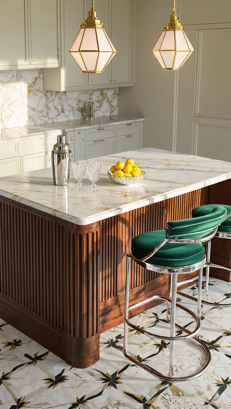 Art Deco kitchen island with mahogany fluted base, white and gold marble top, brass pendant lights, chrome bar stools with emerald velvet seats, and black and gold geometric tile floor.