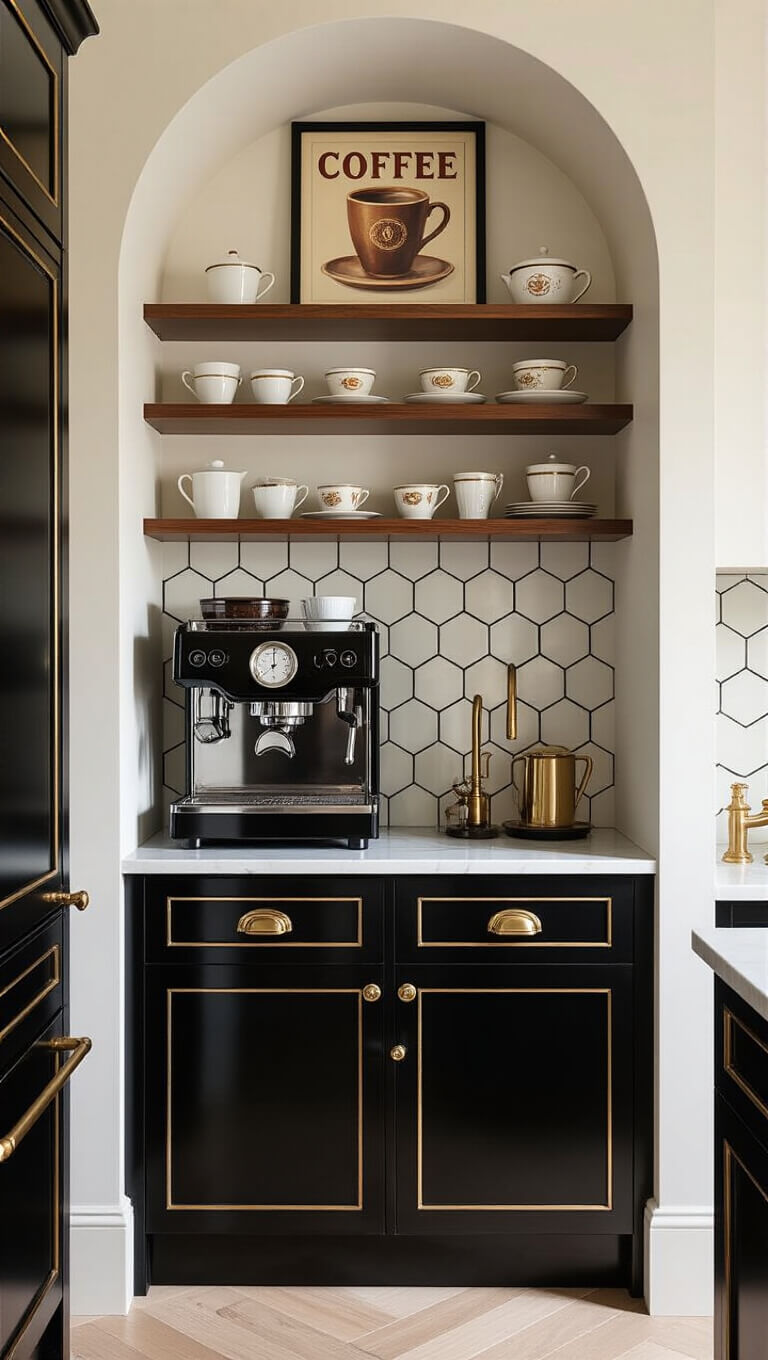 Art Deco kitchen coffee station with black and gold accents, vintage coffeeware, marble countertop, and warm morning light.