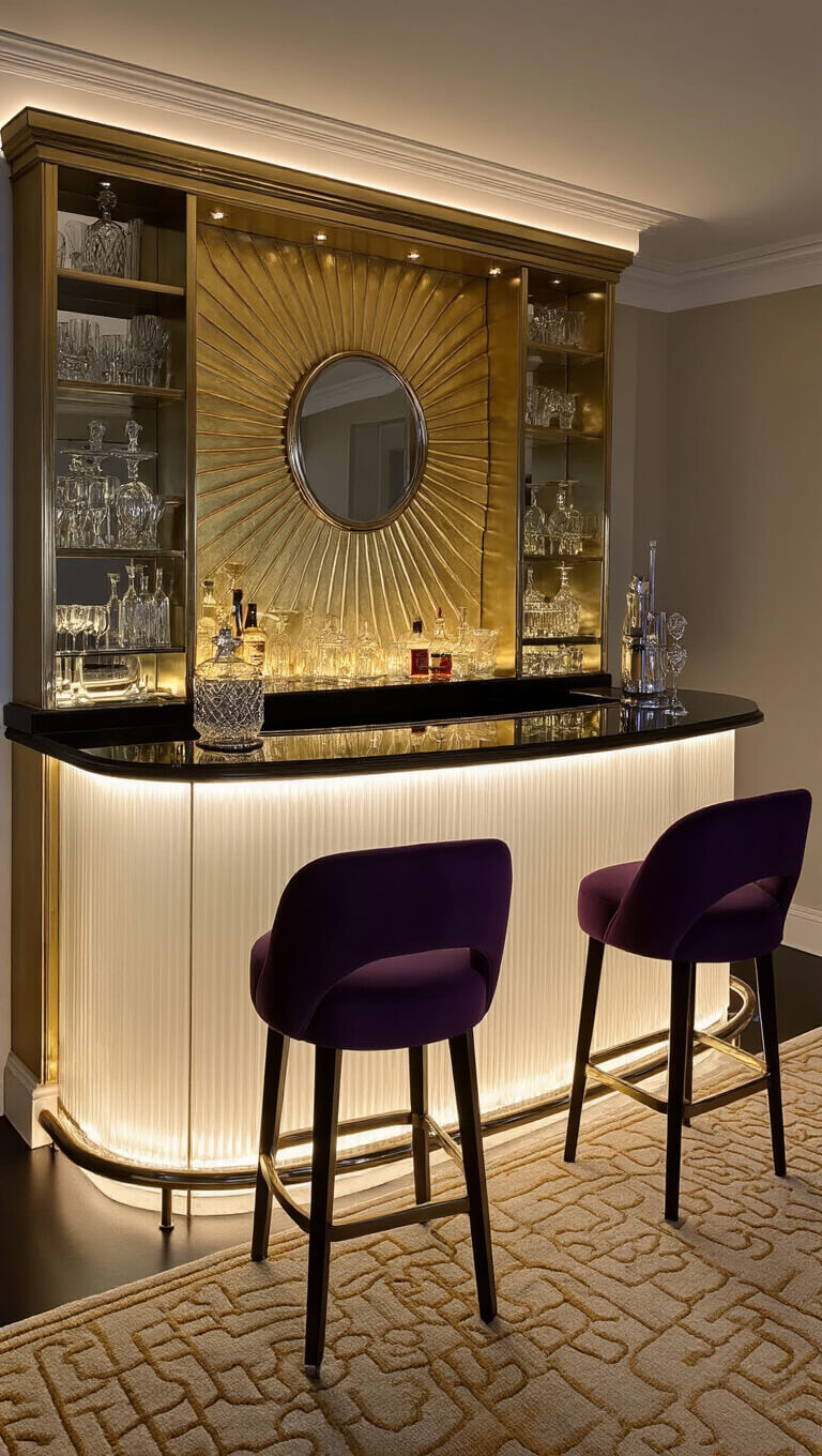 Art Deco wet bar with curved fluted glass front, black granite countertop, gold fan-patterned backsplash, and purple velvet barstools, softly lit for an elegant evening ambiance.