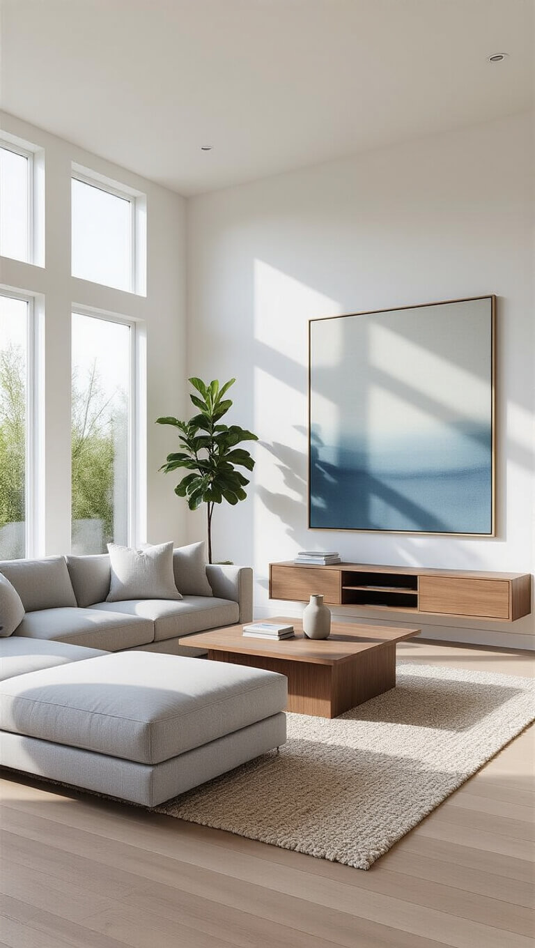 Modern minimalist living room with light gray sectional, walnut coffee table, pale oak floors, and floor-to-ceiling windows streaming soft morning light.