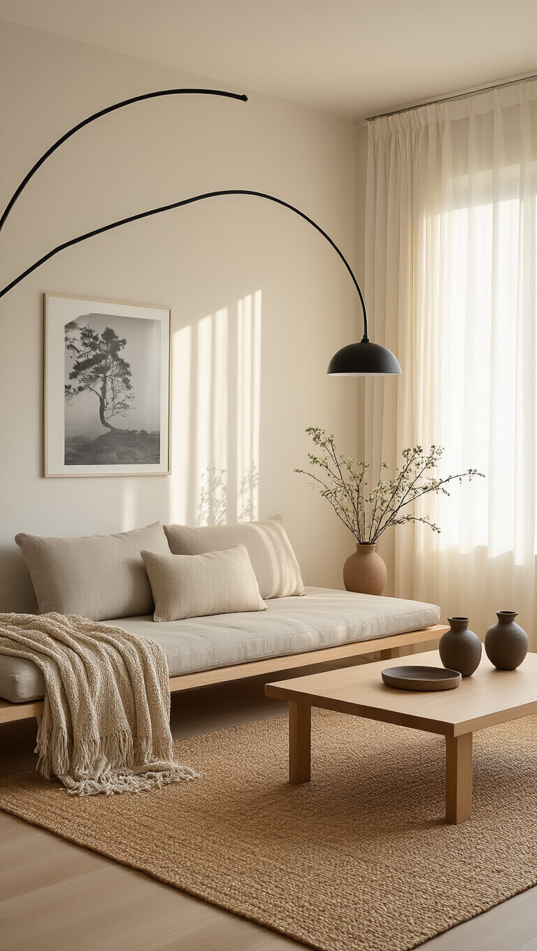Japandi-style living room with light wood furniture, low platform sofa, jute rug, and ikebana vases, bathed in golden hour sunlight through sheer curtains.