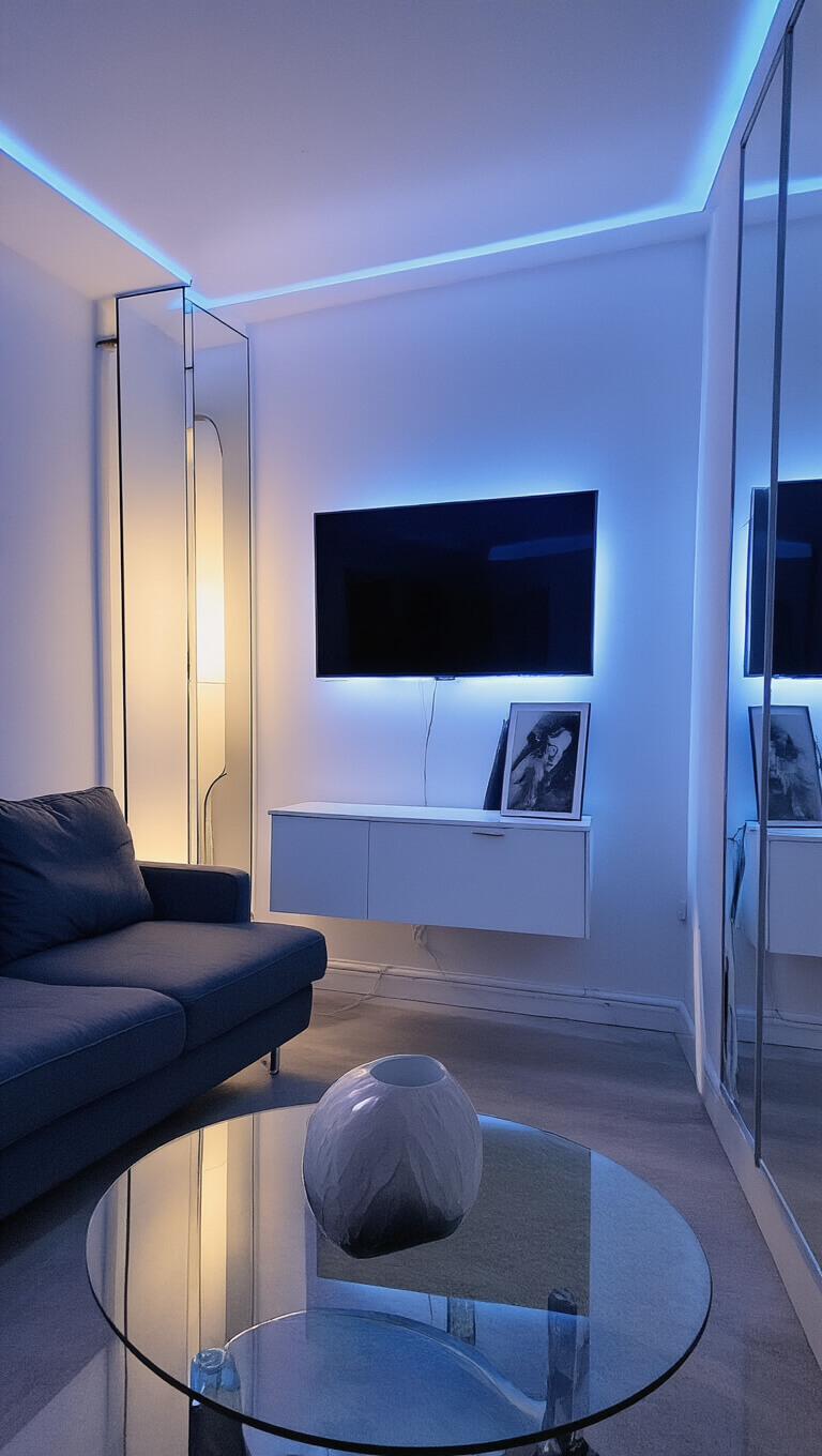 Minimalist 12x15ft living space at dusk with cool LED lighting, mirrored wall, charcoal loveseat, floating cabinet, and glass coffee table.