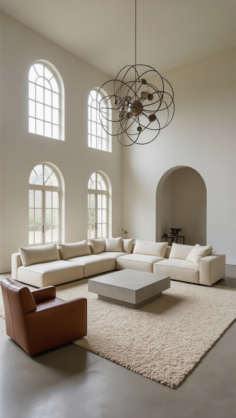 Minimalist high-ceiling living room with cream modular sofa, cognac leather armchair, concrete coffee table, and metallic mobile sculpture, softly lit by cloudy afternoon light through arched windows.