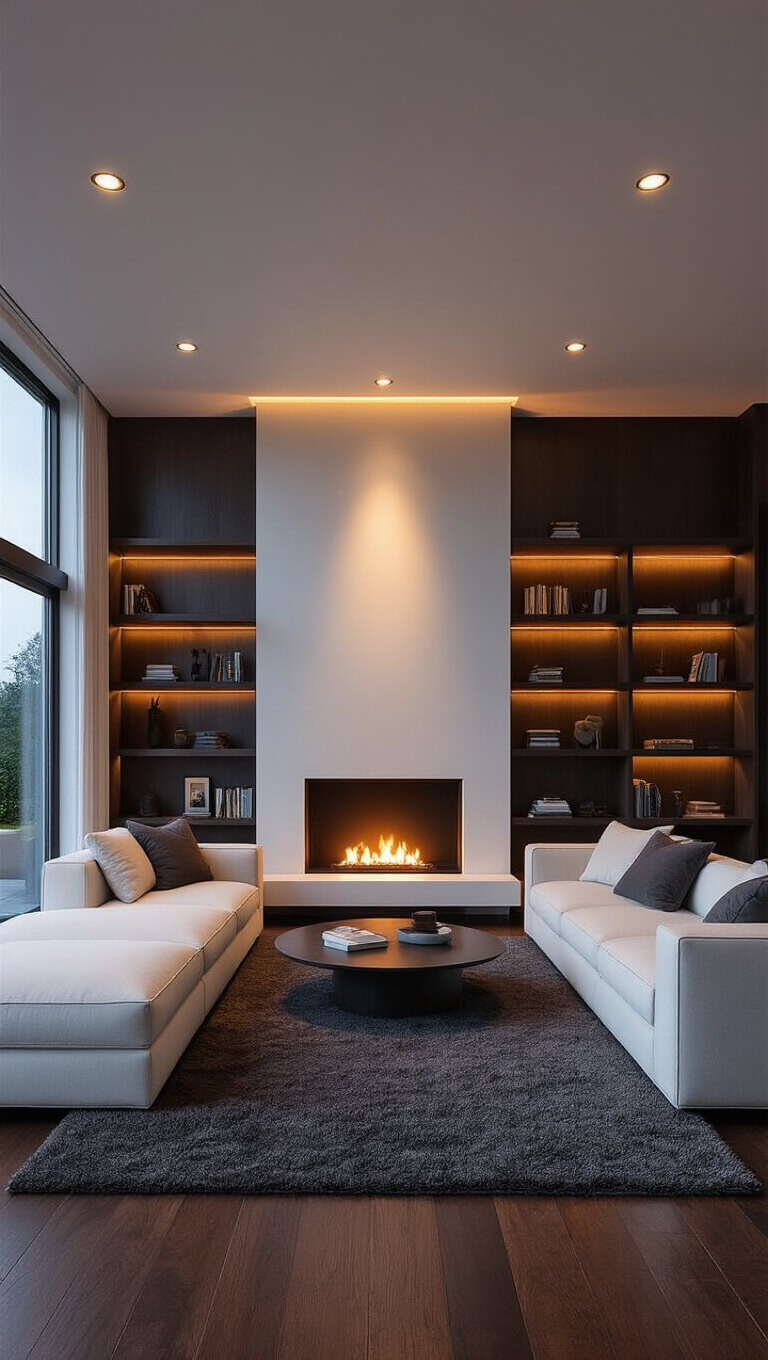 Modern minimalist living room at twilight with recessed lighting, white sectional, dark walnut floors, floor-to-ceiling bookshelves, charcoal rug, and circular fireplace.