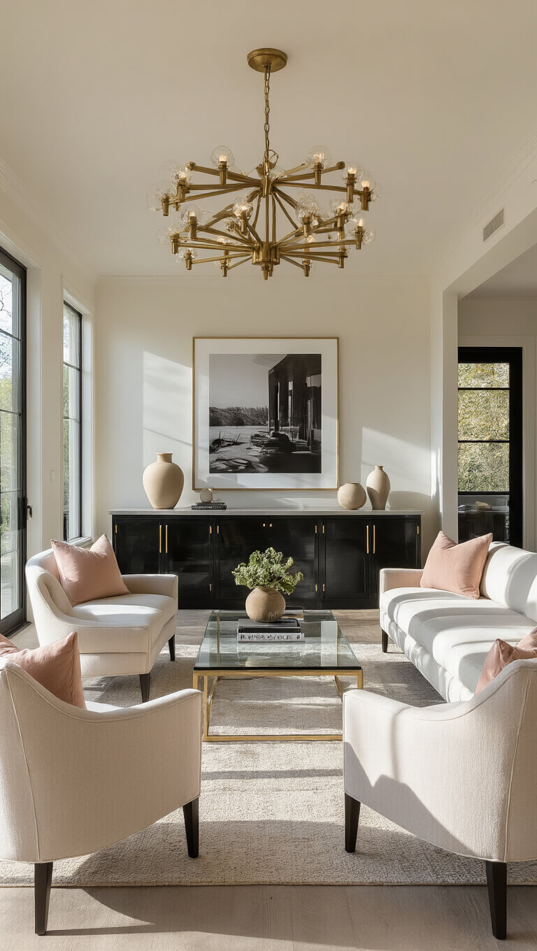 Minimalist 16x20ft living room in late afternoon light with ivory loveseats, blush armchairs, brass chandelier, glass coffee table, built-in bar, and minimal decor.