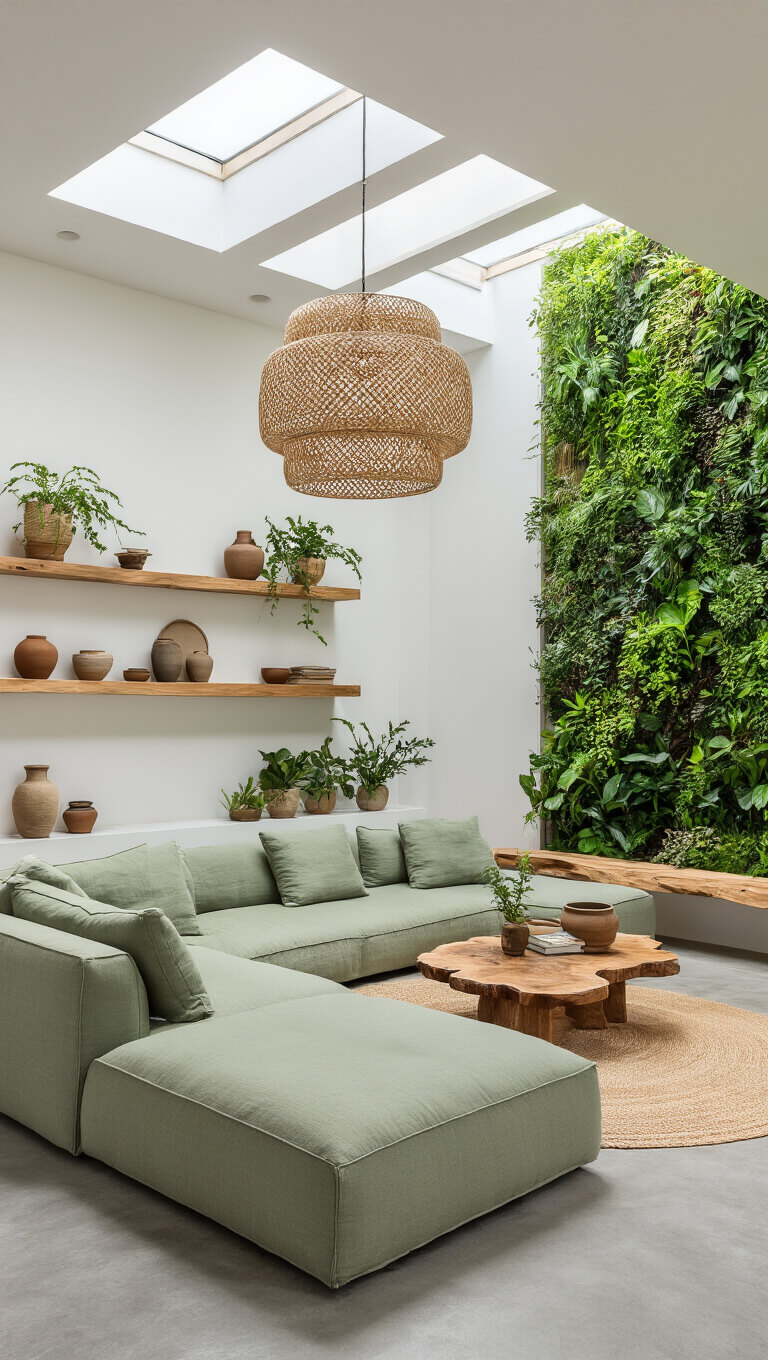 Minimalist living room with sage green sectional, indoor green wall, skylights, and natural wood accents.