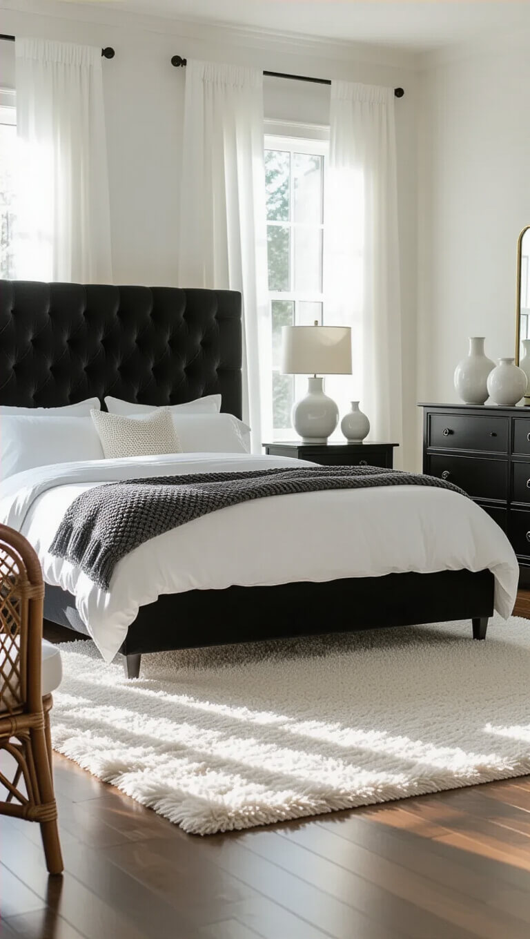 Black and white bedroom with a king-size bed, tufted black velvet headboard, white linens, and a charcoal knit throw, softly lit by morning light through sheer curtains; features a matte black dresser, white shag rug, rattan chairs, and layered textures for a serene, luxurious feel.