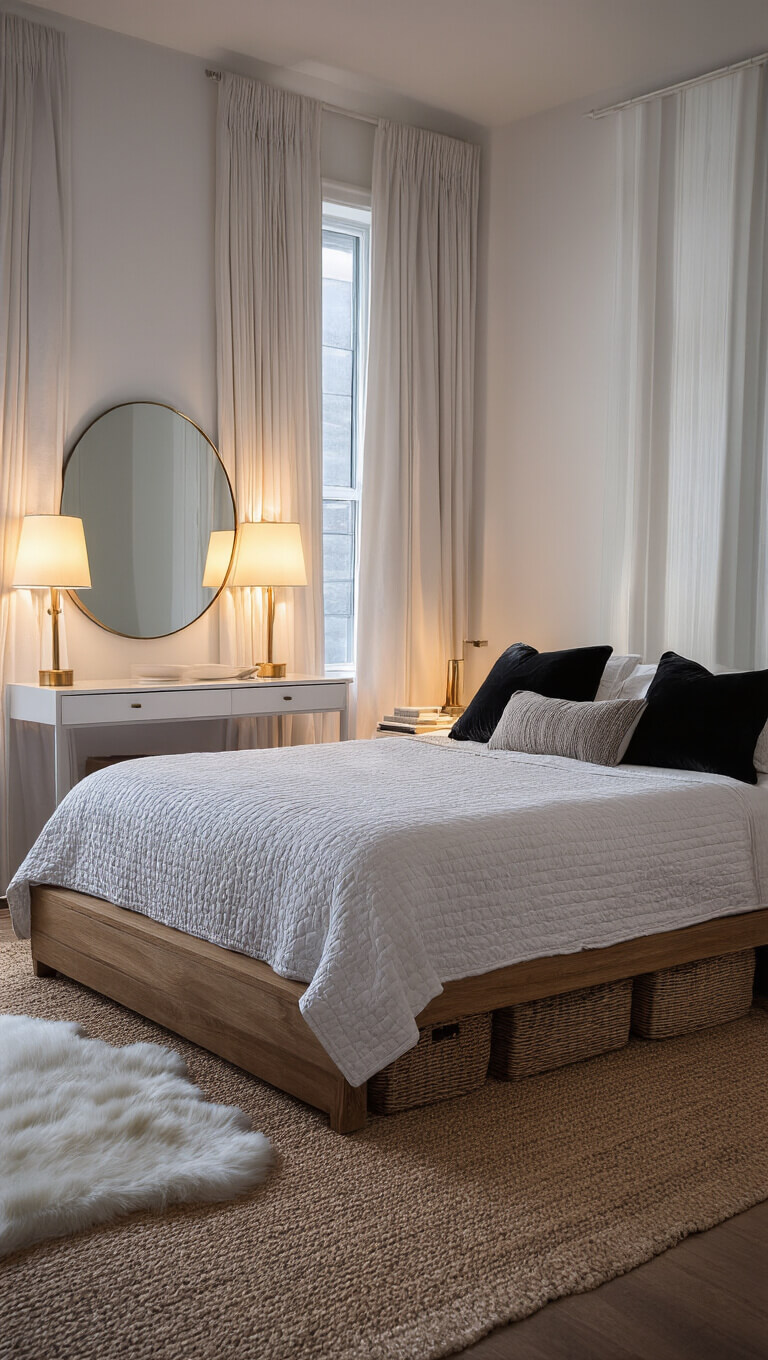 Monochrome 12x12 ft bedroom at dusk with warm lighting, queen bed in white quilt and black pillows, white vanity with round mirror, silk curtains, faux fur rug, and seagrass baskets, viewed from high corner.