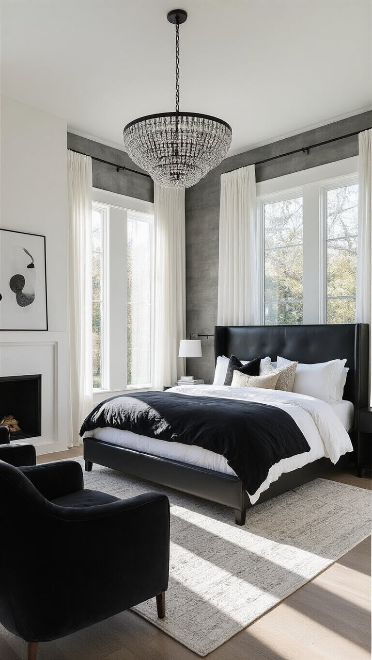 Luxurious black and white master bedroom with platform bed, textured bedding, statement chandelier, velvet armchairs by a minimalist fireplace, and floor-to-ceiling windows with flowing white curtains.