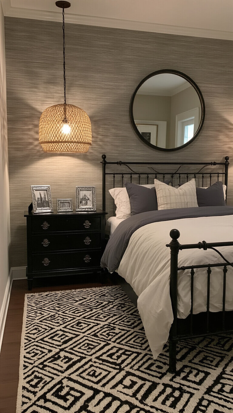 Chic guest bedroom with wrought iron bed, textured wallpaper, and warm pendant lighting casting patterns, viewed from the foot of the bed at twilight.