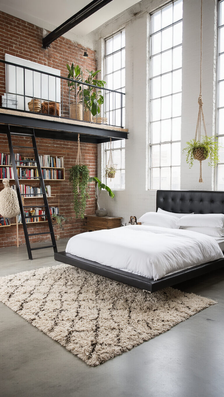 Bird’s-eye view of a bright loft-style bedroom with a floating bed, white linens, exposed white brick walls, concrete floors, and textural accents like a Moroccan rug and hanging planters.