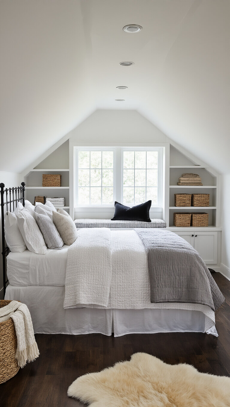 Cozy attic bedroom with sloped white ceilings, dark hardwood floors, wrought iron bed with layered grey and white linens, dormer window seat with striped cushion, built-in bookshelves, rattan baskets, and sheepskin rug under warm recessed lighting.