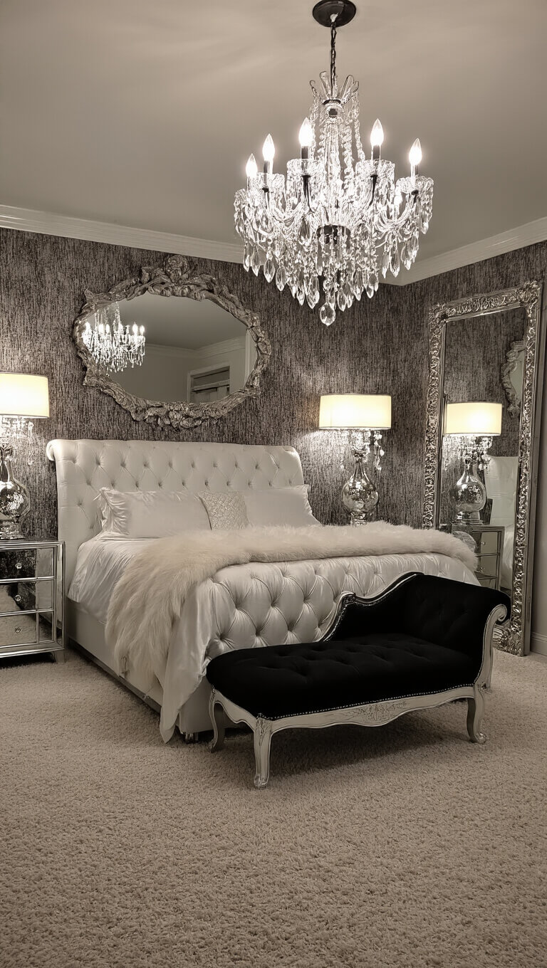 Luxurious boudoir-style bedroom with tufted white leather sleigh bed, mirrored nightstands, crystal lighting, black velvet chaise lounge, and opulent textures in an Old Hollywood glamour setting.