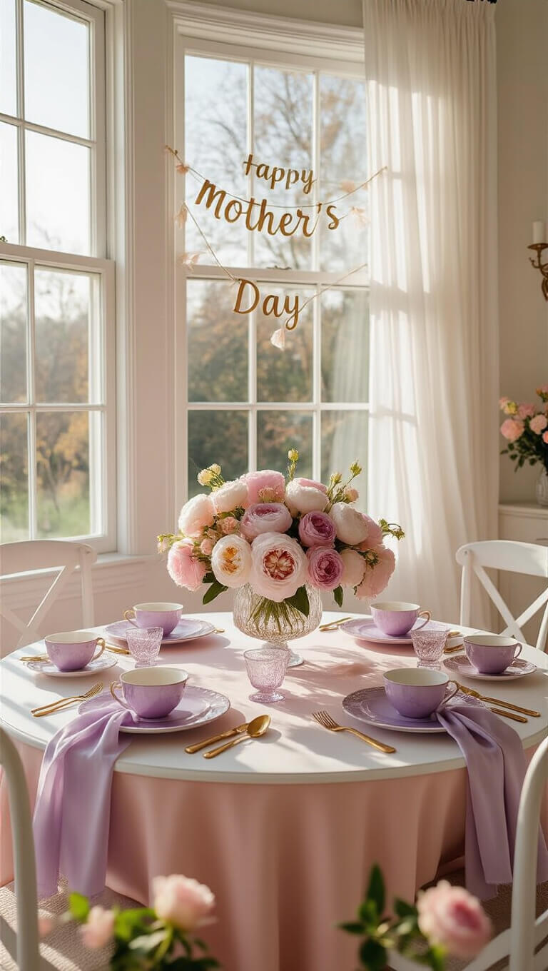 Sunlit dining room with a round white table set for Mother's Day brunch, featuring pastel flowers, lavender place settings, and a blush pink tablecloth under soft sheer curtains.