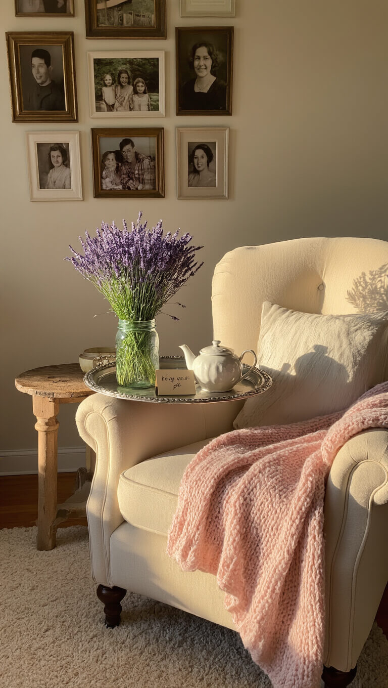 Cozy living room corner with cream armchair, pink throw, rustic table holding lavender bouquet, teapot, and handwritten card, bathed in golden hour light with family photo gallery on wall.