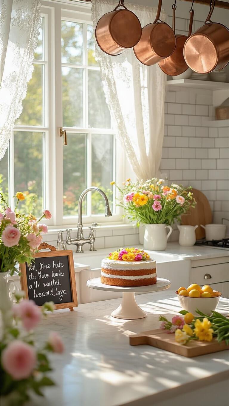 Bright, airy kitchen with marble countertops, lace-curtained windows, a farmhouse sink filled with pastel garden flowers, a wooden cake stand holding a floral layer cake on the island, copper pots hanging above, and a chalkboard with a loving message.