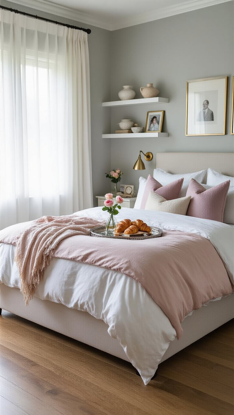 Serene master bedroom with gray walls, hardwood floors, and a king-size bed with white linens and blush pink duvet, viewed from the foot of the bed.