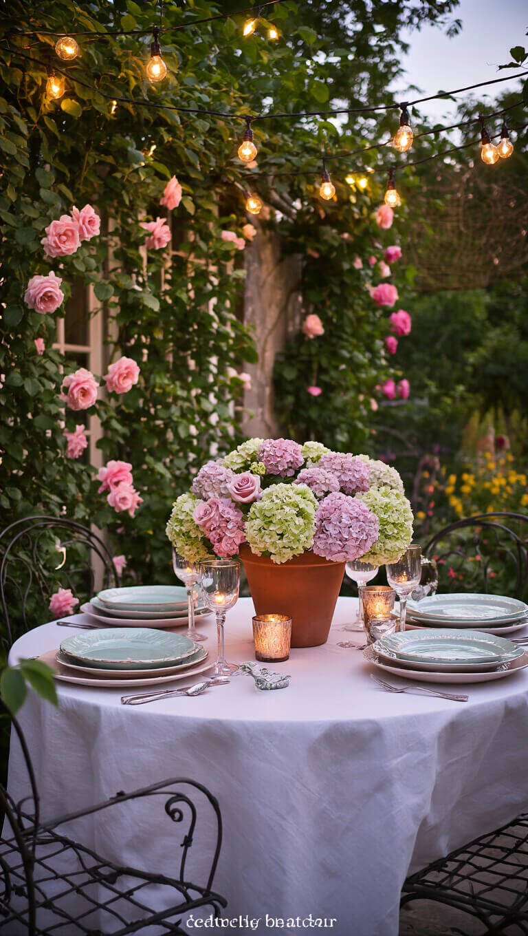 Romantic twilight patio with string lights, vintage china, floral centerpiece, and candlelit table set for outdoor Mother's Day dinner.