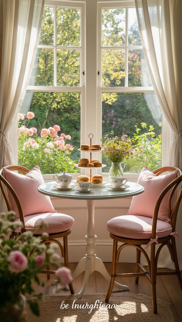 Cozy breakfast nook with a round glass bistro table, two pink-cushioned chairs, tea set, pastries, wildflower bouquet, and sunlight streaming through bay window with sheer curtains.