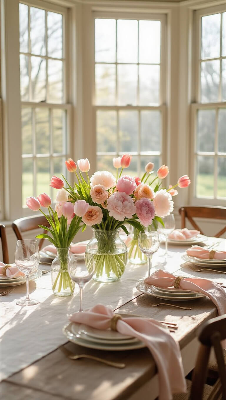 Sunlit farmhouse dining room with pastel floral centerpiece on white linen table, vintage china, and glass vases; soft focus highlights spring elegance.
