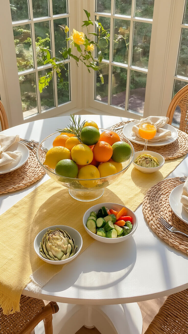 Warm afternoon light illuminates a cozy 10'x10' breakfast nook with a round pedestal table set with a citrus fruit centerpiece, herb accents, artichoke hearts, vegetable crudités, woven placemats, and a pale yellow linen runner.