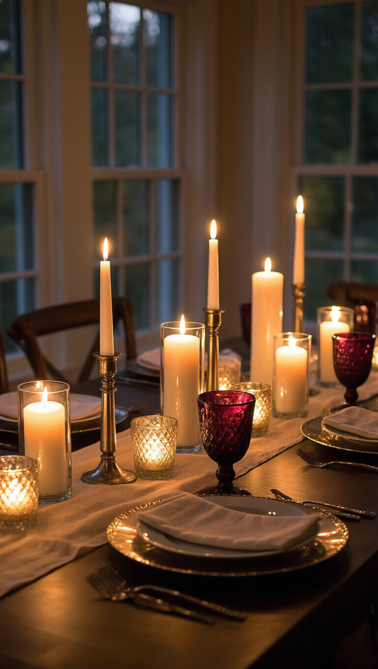 Romantic candlelit dining table with varied height candles in glass holders, warm metallic accents, and a champagne runner, softly glowing at dusk.