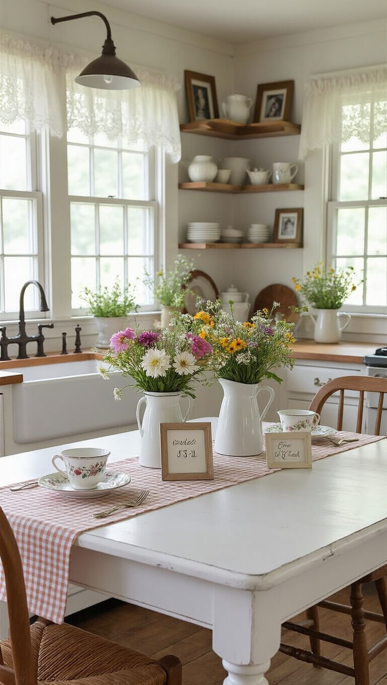 Charming cottage kitchen with a white table adorned with mason jar and enamelware flower arrangements, vintage teacups as wildflower vases, handwritten place cards, and a gingham runner; soft natural light filters through lace curtains, revealing open shelving and a farmhouse sink.