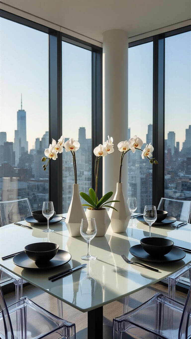 Modern dining room with glass table, geometric vases, and city skyline view through floor-to-ceiling windows at dusk.