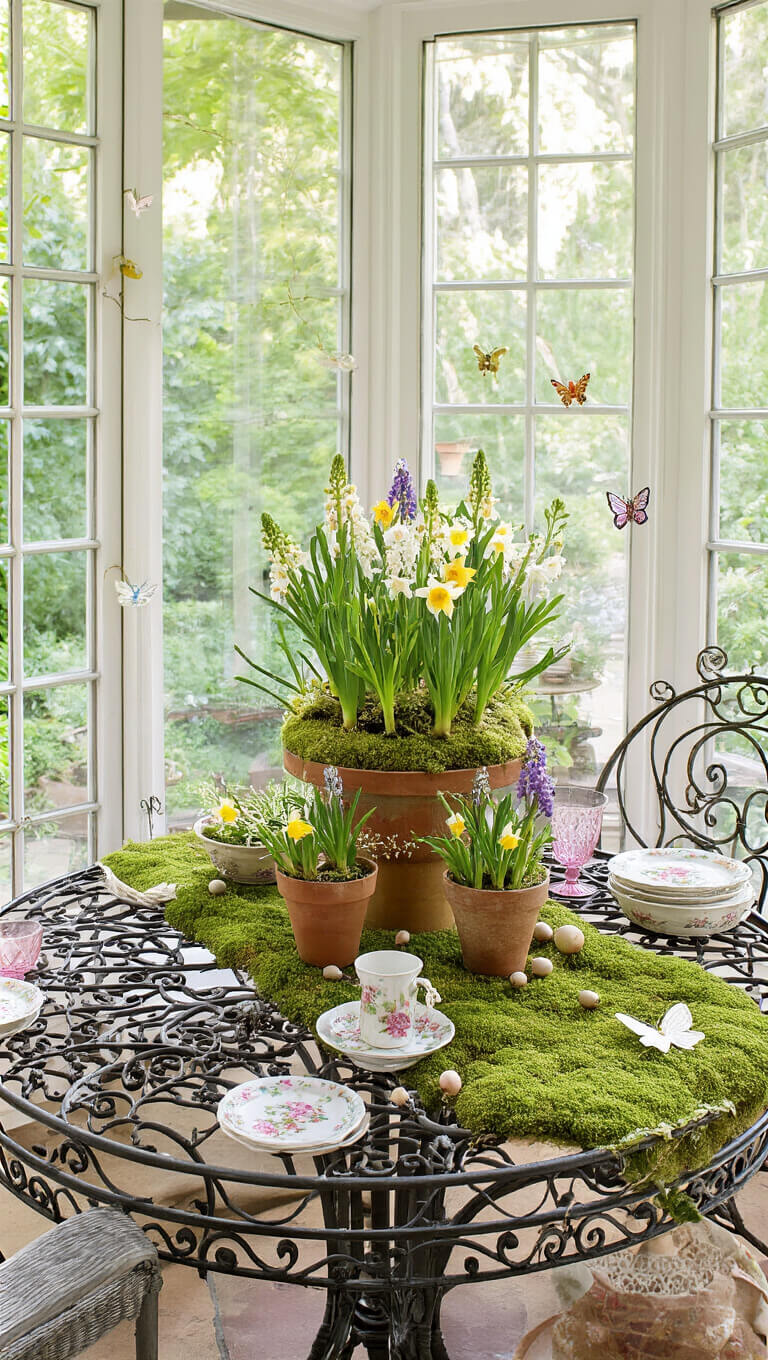 Whimsical sunroom with vintage wrought-iron table adorned with moss, spring bulbs in terracotta pots, butterfly ornaments, fairy lights, and mismatched floral china under warm, golden afternoon light.