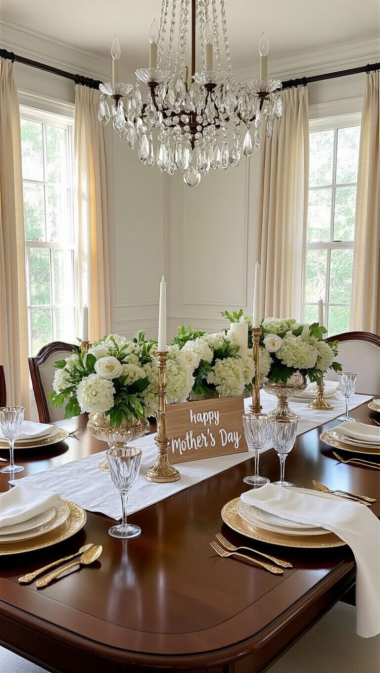 Elegant formal dining room with mahogany table set for Mother's Day, featuring a wooden sign, floral centerpieces, pillar candles, gold-rimmed china, and crystal stemware, illuminated by chandelier and late afternoon sunlight through sheer curtains.