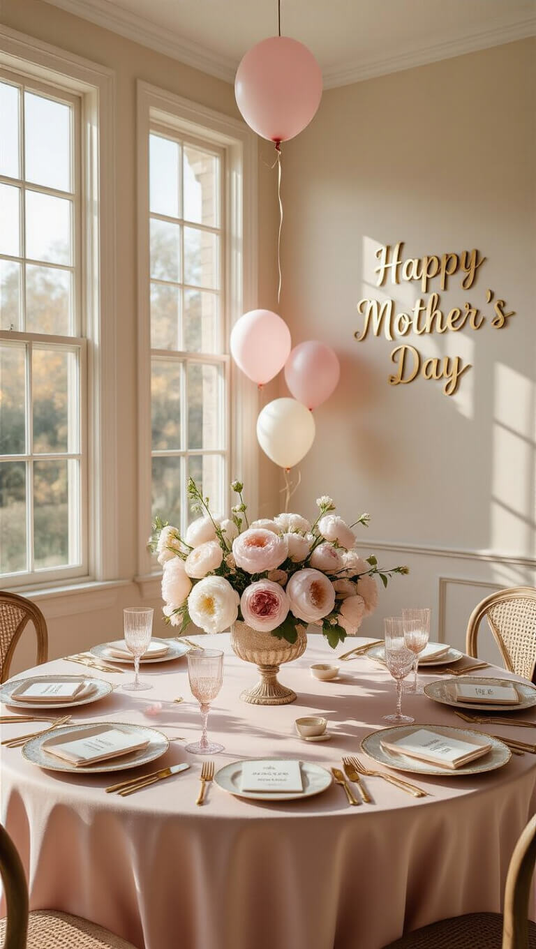 Mother's Day dining room with soft morning light, round oak table set with blush pink linens, gold-rimmed china, pastel flowers in a crystal vase, champagne flutes, and gold script banner.