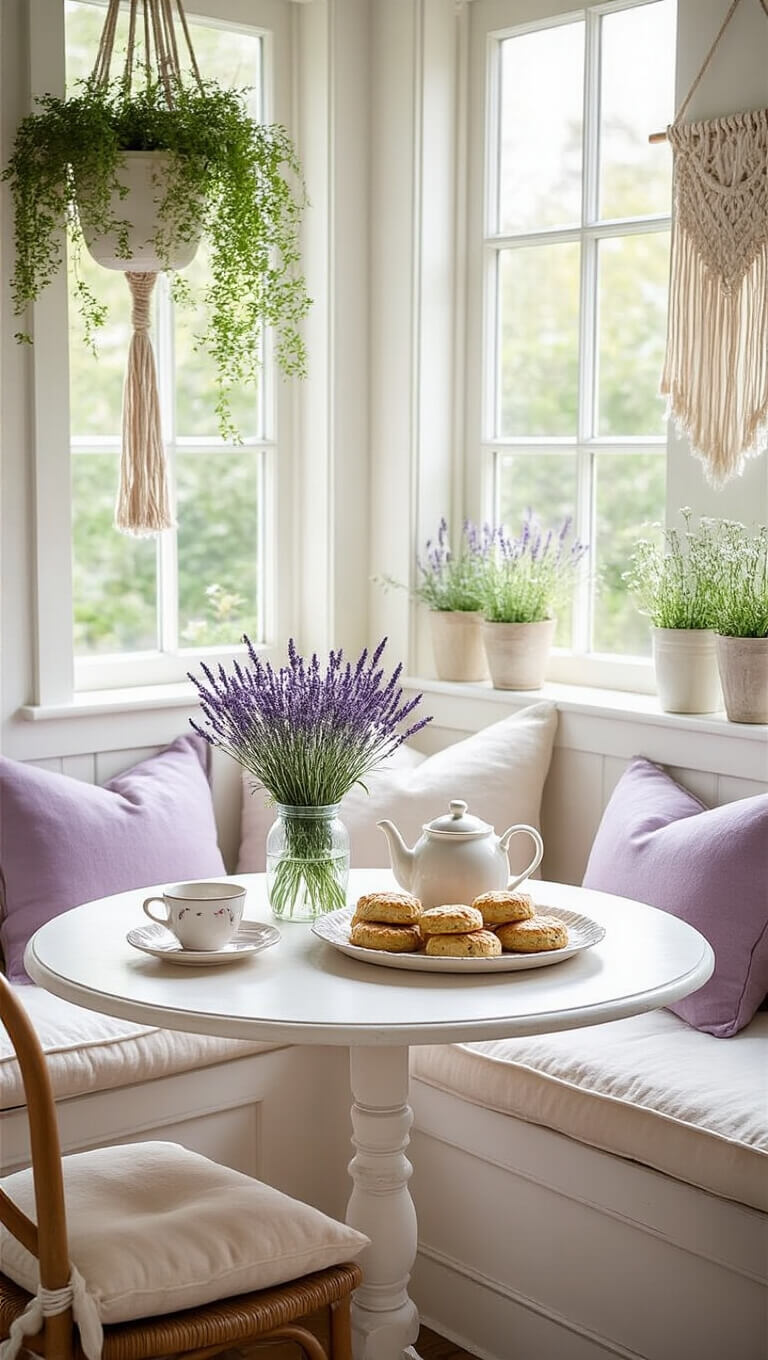 Cozy breakfast nook with cream-cushioned window seat, distressed white table set with tea and scones, lavender bouquet in mason jar, soft purple and white decor, and hanging plants framing sunlit window.