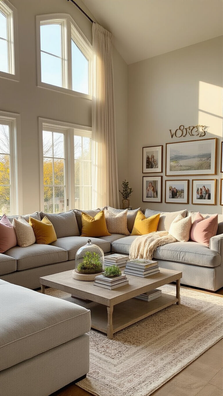 Spacious living room with vaulted ceilings, grey sectional with pastel pillows, coffee table with books and mini garden, floor-to-ceiling sheer curtains, family photo gallery wall, and warm late afternoon lighting.