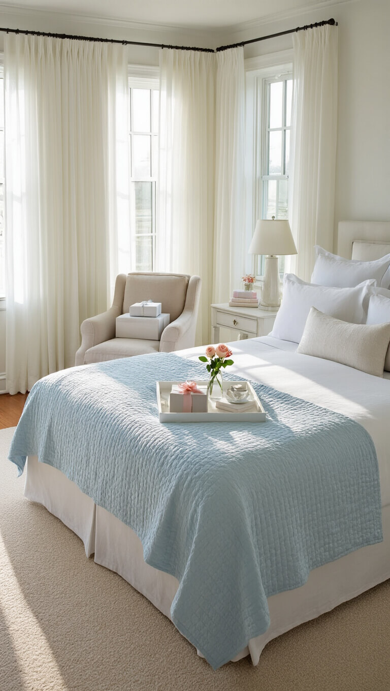 High-angle view of a serene master bedroom with a king-size bed in white and pale blue linens, breakfast tray with a rose, sheer curtains, a plush armchair with wrapped gifts, and soft natural morning light.