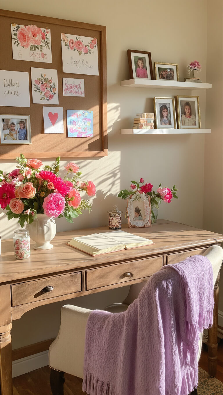 Close-up of a cozy home office nook with vintage desk, vibrant floral arrangement, handmade cards, and children's artwork, lit by warm sunlight.