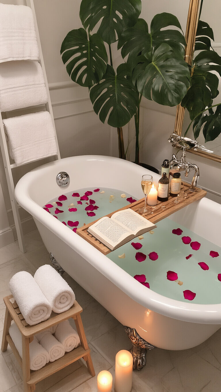 Luxurious spa-like bathroom with clawfoot tub filled with rose petals, surrounded by candles, wooden tray holding a book and champagne, fluffy towels on a ladder shelf, and a monstera plant, all bathed in soft ambient lighting.