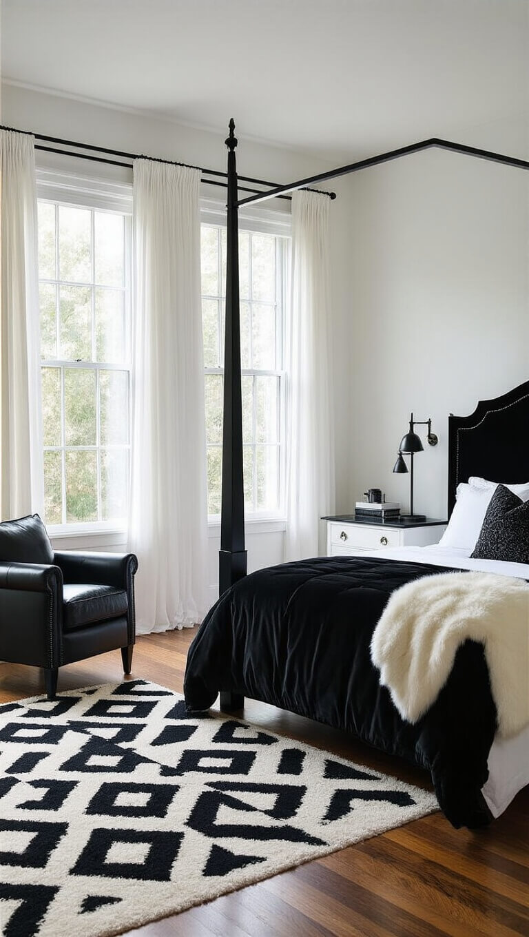 Wide-angle view of a serene, sophisticated bedroom with a black canopy bed, white linens, black and white decor, and soft morning light filtering through sheer curtains.