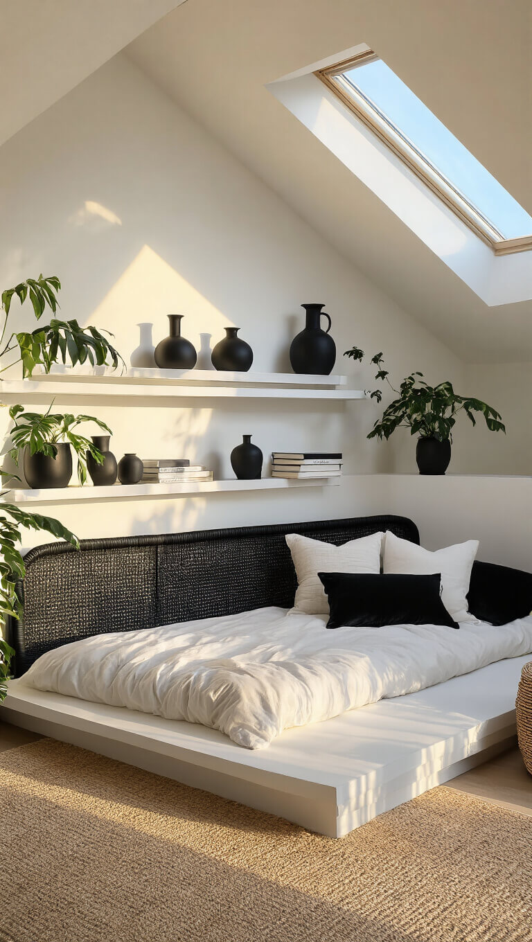 Low-angle view of a cozy bohemian chic bedroom with a white platform bed, black and white textured pillows, black rattan headboard, floating shelves with black ceramics, potted plants in black planters, and warm golden hour light streaming through a skylight.
