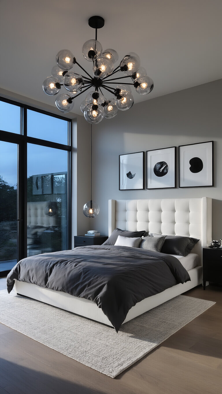 Ultra-modern master bedroom with a wall-to-wall white headboard, charcoal grey king bed, minimalist black nightstands, abstract art grid, and dusk light streaming through floor-to-ceiling windows.
