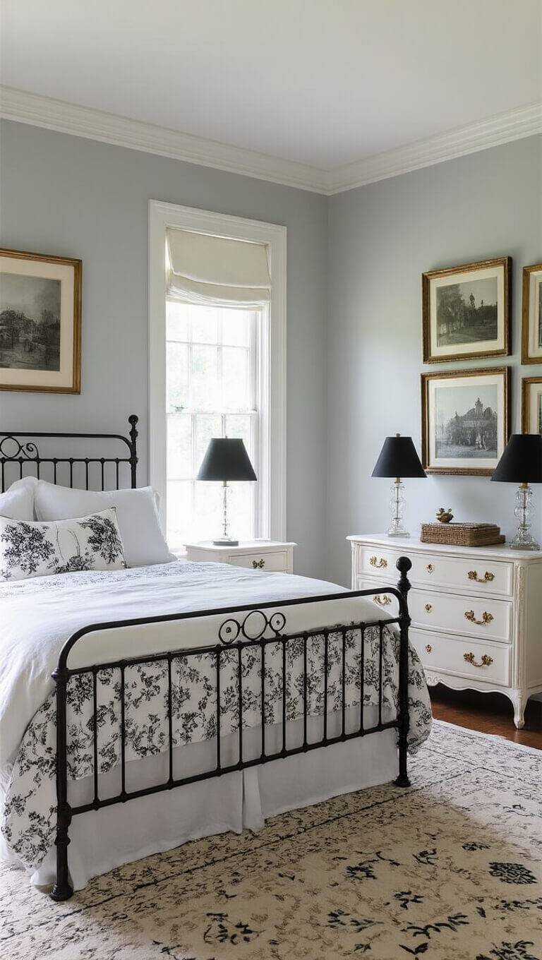 Intimate guest bedroom with wrought iron bed, antique dresser, crystal lamps, and vintage photo gallery in soft morning light