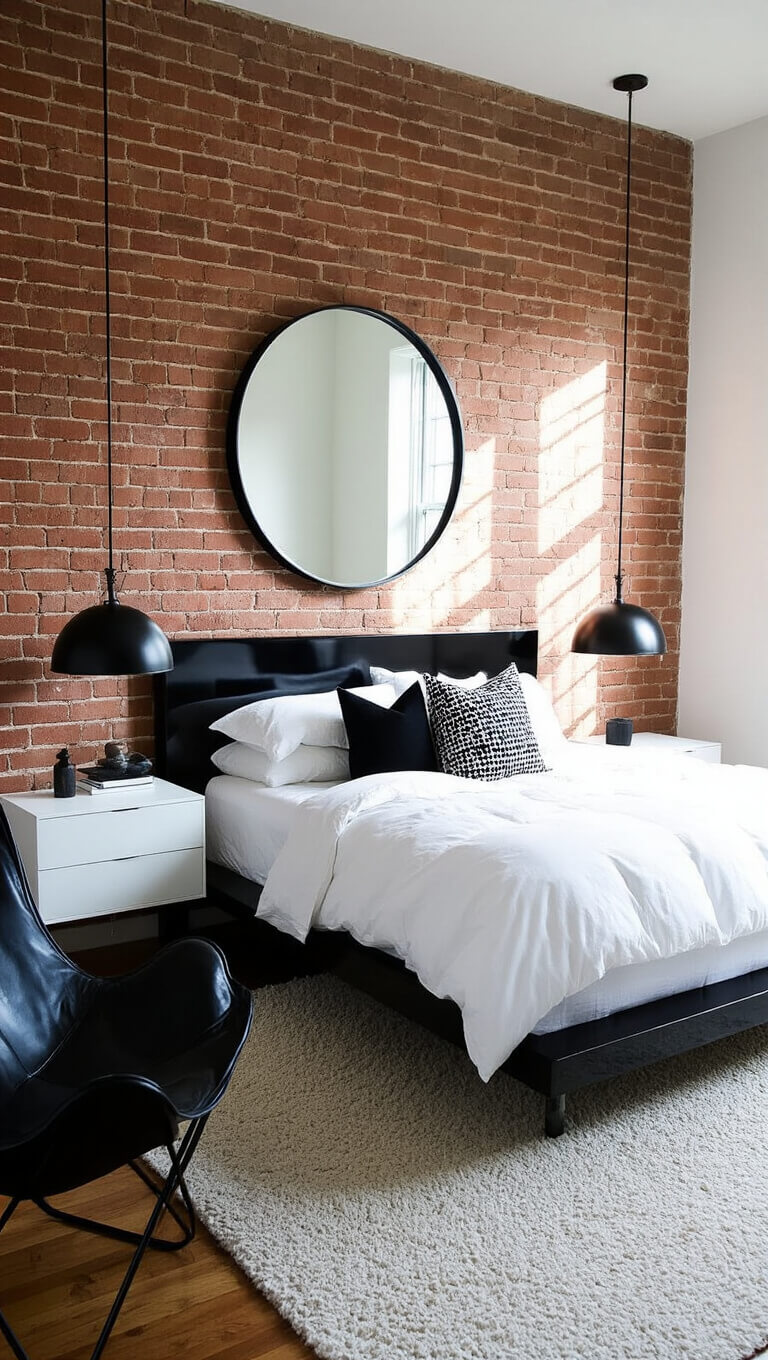 Compact bedroom with exposed brick wall, floating black platform bed, white duvet, black-and-white pillows, large round mirror, white nightstands, black table lamps, and leather butterfly chair in sunlight.