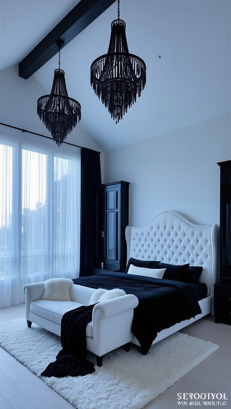 Opulent master suite with vaulted ceilings, featuring a California king bed with a tall white headboard, black silk sheets, twin black crystal chandeliers, a white chaise lounge by a large window, and a mirrored black wardrobe, all bathed in cool twilight tones.